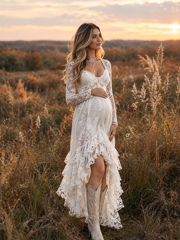 White Lace Maternity Midi Dress with Ruffle Detail and Backless Design and Flattering Silhouette