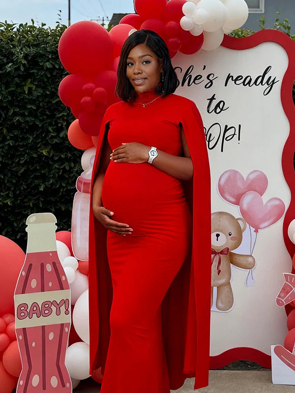 Momyknows High Neck Spliced Cape Plus Size Maternity Baby Shower Maxi Dress