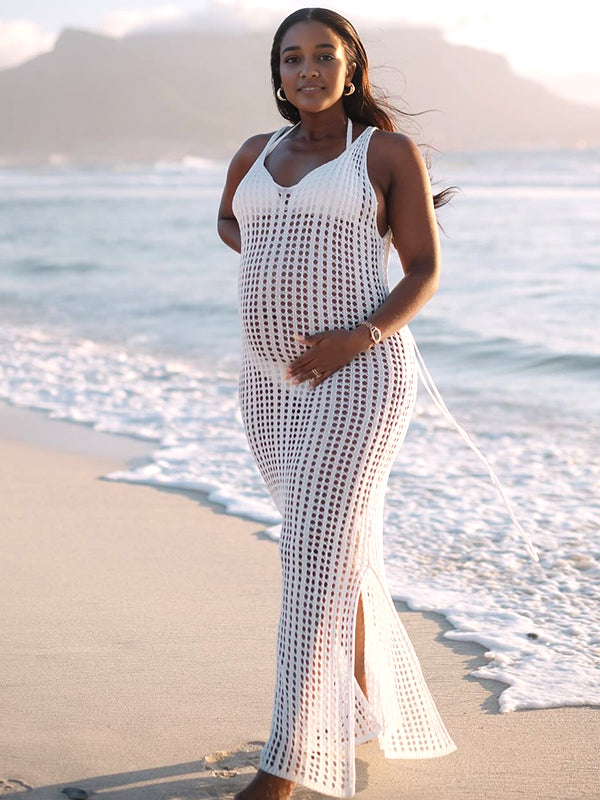 Momyknows Rice White Crochet Lace Up Side Slit Maternity Photoshoot Maxi Dress