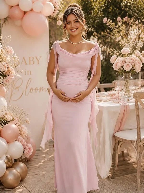 Momyknows Pink Bodycon Falbala Ribbon Open Back Ruched Dress Baby Shower Maxi Dress - Pink - 1