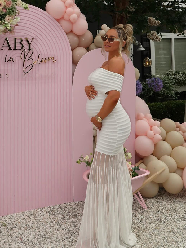 Momyknows White Off Shoulder Striped Patchwork Tulle Pleated Elegant Maternity Baby Shower Maxi Dress