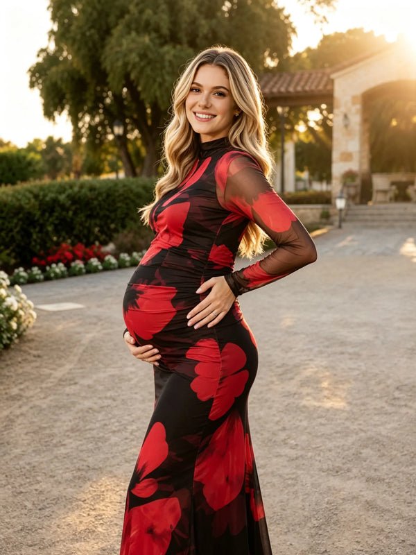 Momyknows Red Round Neck Long Sleeve Ruffle Print Photoshoot Maternity Maxi Dress - Red - 2