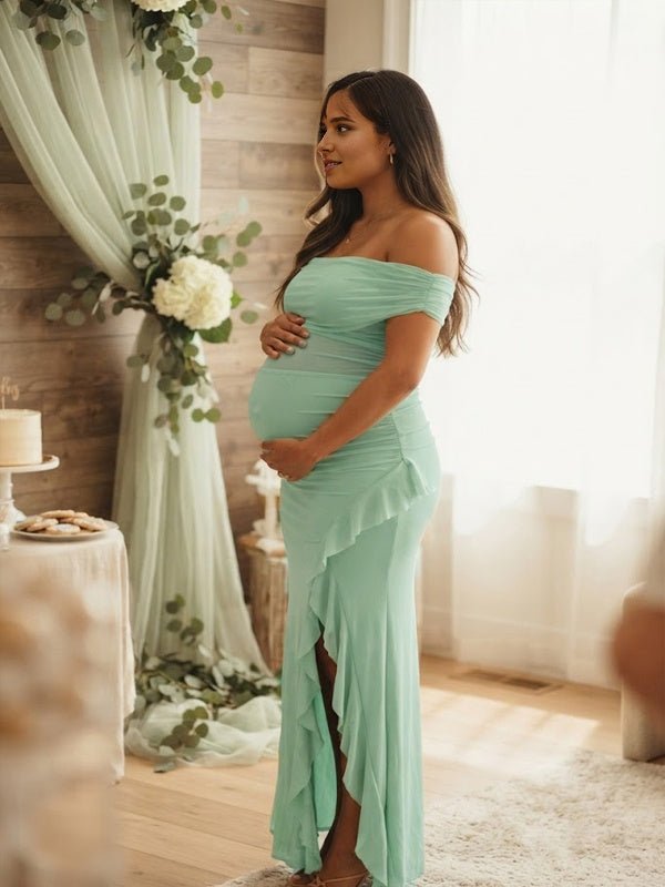 Momyknows Green Off Shoulder Ruffle Side Slit Grenadine Backless Maternity Baby Shower Maxi Dress - Green - 3