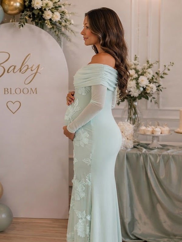 Green Off Shoulder Maternity Maxi Dress with Elegant Embroidery Detail