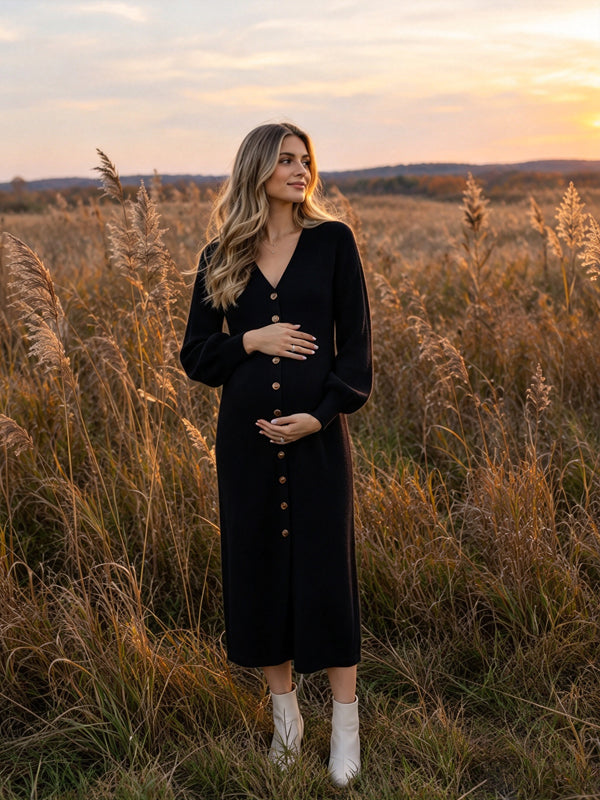 Black Crochet Button Sweater Maternity Midi Dress with Deep V Neckline and Graceful Silhouette