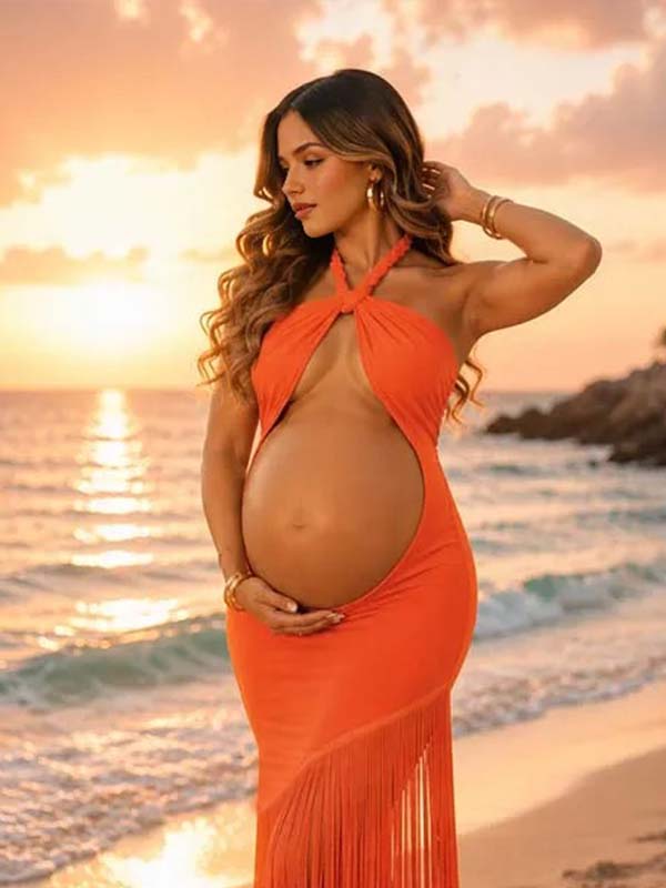 Momyknows Orange Tassel Halter Neck Bandeau Midriff Ruffle Maternity Photoshoot Maxi Dress - Orange - 3