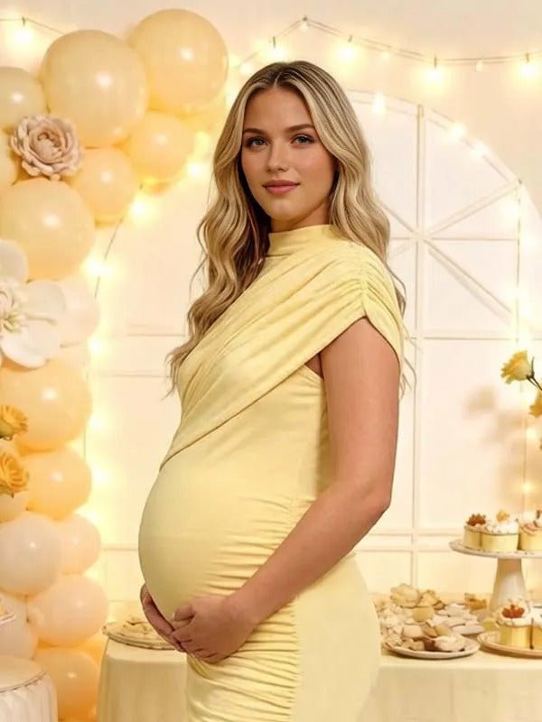 Momyknows Yellow Grenadine Irregular Ruffle Splicing Maternity Baby Shower Maxi Dress - Yellow - 2