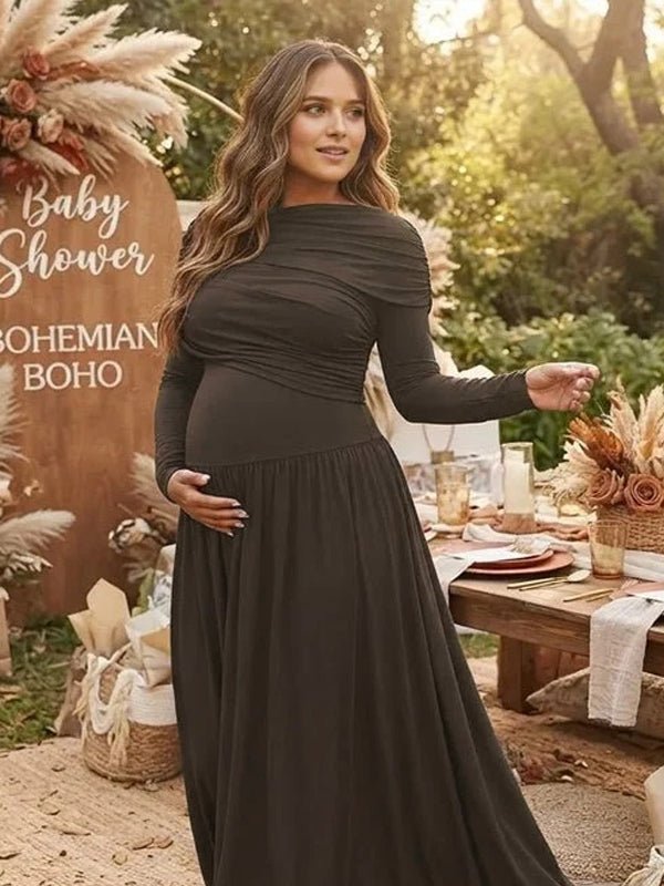 Momyknows Brown Cape Big Swing Ruched Maternity Baby Shower Maxi Dress - Brown - 2
