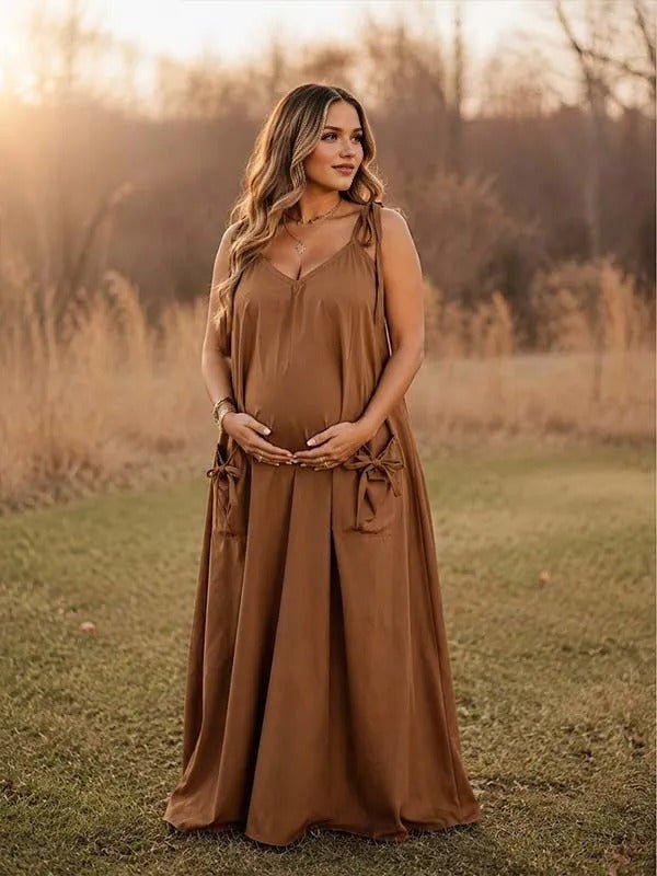 Momyknows Light Brown Ruffle Lace-up Spaghetti Strap Maternity Photoshoot Maxi Dress - Light Brown - 2