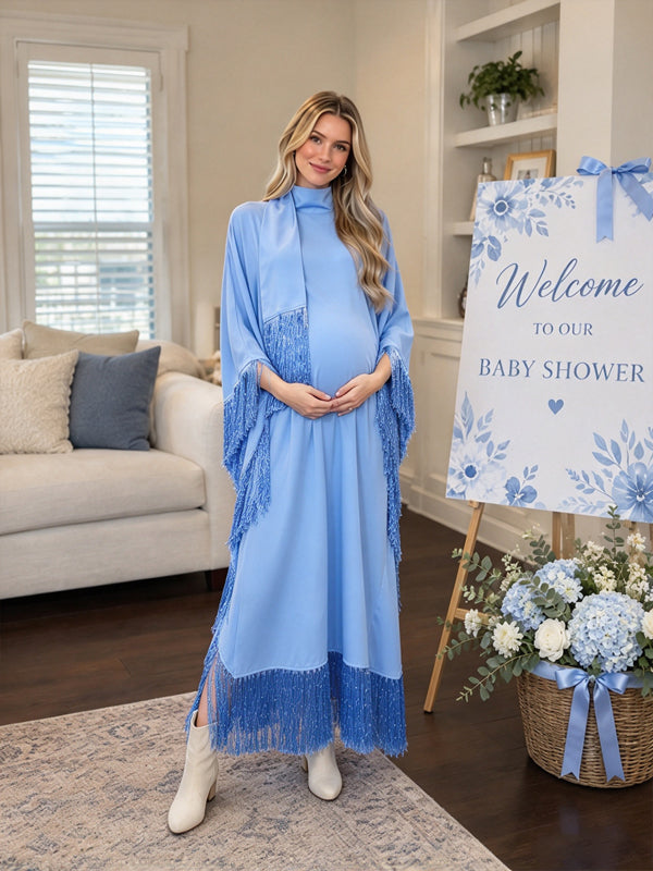 Sky Blue Batwing Maternity Maxi Dress with Decorative Tassel Ribbon Accents and Relaxed Fit