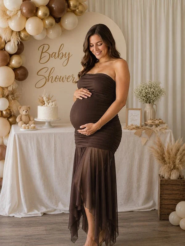 Momyknows Elegant Bodycon Ruched Bandeau Irregular Grenadine Baby Shower Maternity Midi Dress