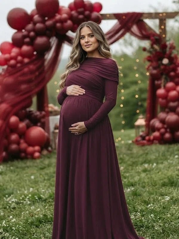Momyknows Red Ruched Cape Big Swing Maternity Baby Shower Maxi Dress - Red - 1