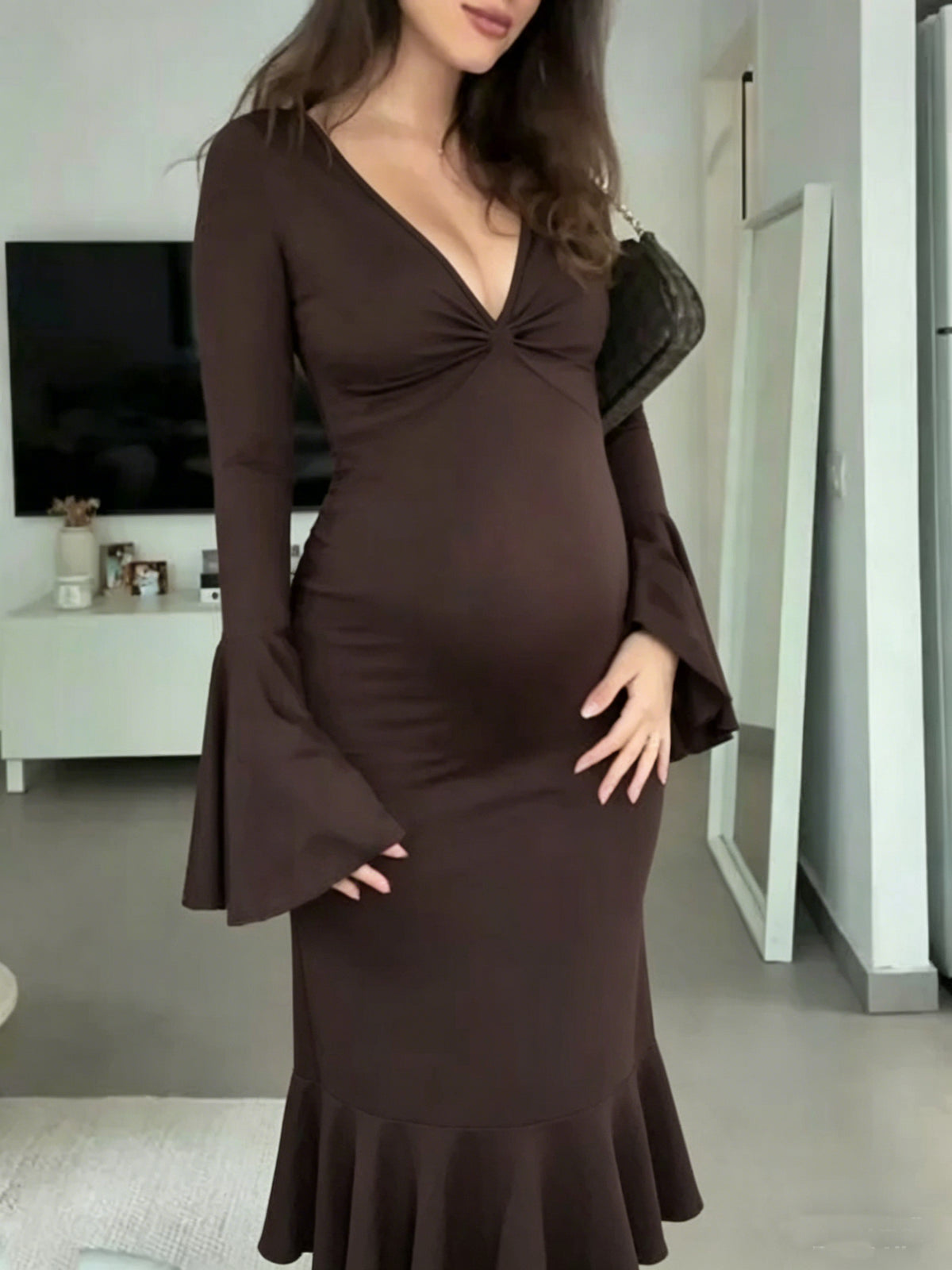 Momyknows Chic Bodycon Ruffle Mermaid Knot Photoshoot Cocktail Maternity Maxi Dress White / M Momyknows Chic Bodycon Ruffle Mermaid Knot Photoshoot Cocktail Maternity Maxi Dress White / M
