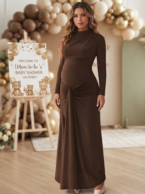 Momyknows Brown Ruched Ribbon Lace Up Bodycon Maternity Baby Shower Maxi Dress - Brown - 2