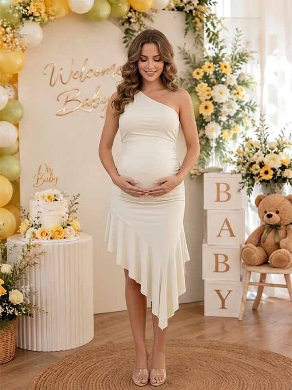 Momyknows Chic Falbala Oblique Shoulder Side Slit Irregular Baby Shower Maternity Maxi Dress - Apricot - 2