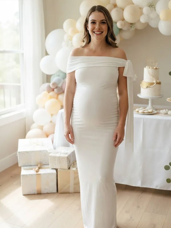 Momyknows Off Shoulder Bandeau Lace-up Bodycon Maternity Baby Shower Maxi Dress - White - 5