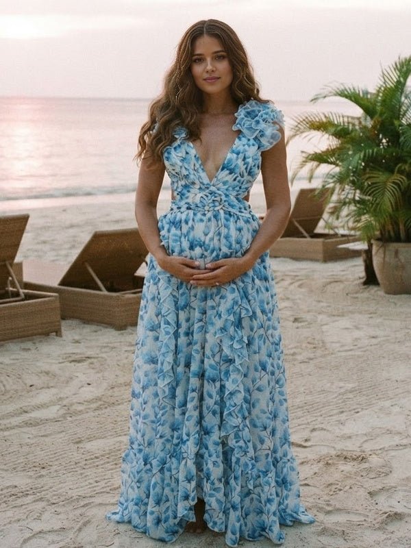 Momyknows Deep V Print Ruffle Backless Lace Up Maternity Photoshoot Maxi Dress - Blue - 1