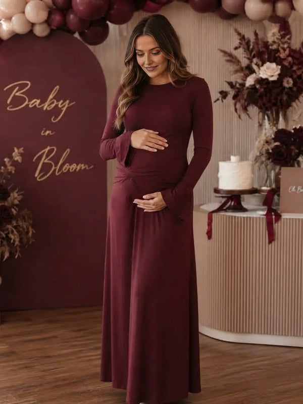 Wine Red Elegantd Ruched Maternity Maxi Dress with Round Neck and Elegant Fit