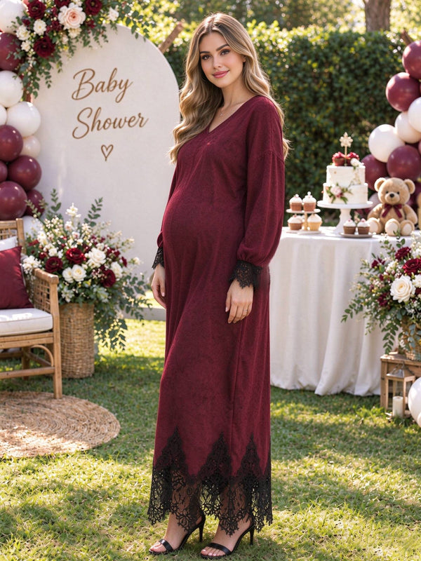 Red Maternity Maxi Dress with Lace Paneling and Faux Suede Fabric and Elegant Silhouette