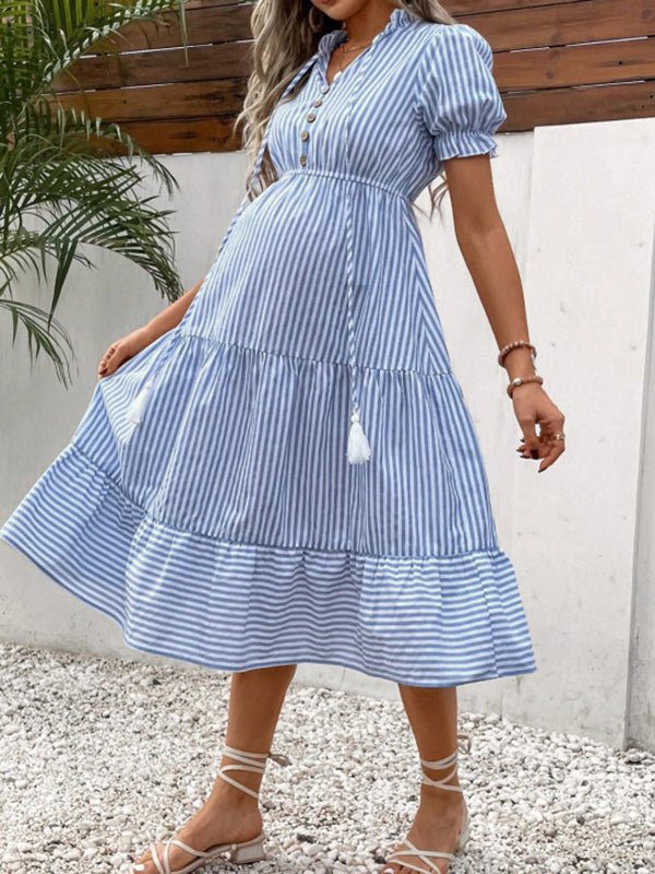 Momyknows Fashion Blue Striped Lace Up Tassel Maternity Midi Dress, Blue / S