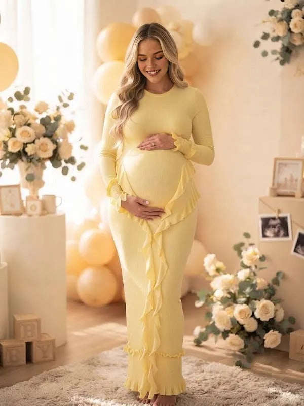 Momyknows Yellow Ruffle Bodycon Line Details Smocked Sash Maternity Baby Shower Maxi Dress