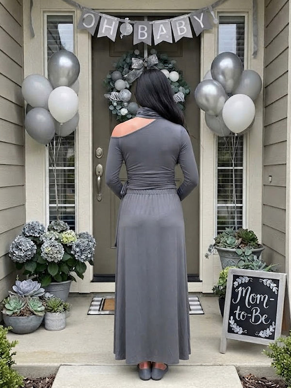 Grey Ruched Maternity Maxi Dress with Oblique Shoulder Detail and Elegant Silhouette