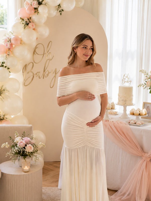 Momyknows Elegant White Ruched Grenadine Off Shoulder Bodycon Maternity Baby Shower Maxi Dress, Beige / M