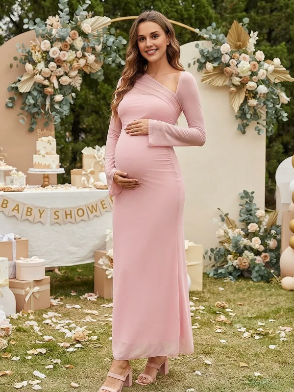 Pink Ruffle Maternity Dress with oblique-the-Shoulder Design and Backless Bodycon Fit, Baby Shower
