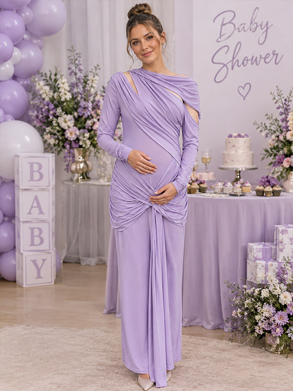 Purple Maternity Maxi Dress with Oblique Shoulder and Ruched Details and Flattering Fit, Baby Shower Occasion