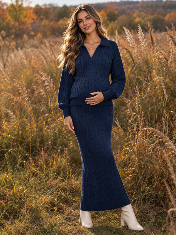 Navy Blue Crochet Maternity Maxi Dress with Buttoned Collar Design and Relaxed Sweater Fit