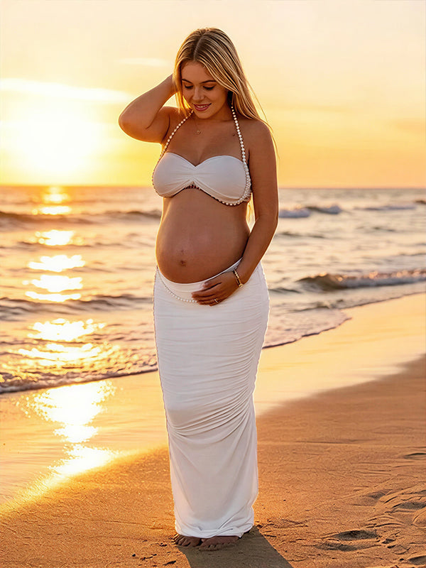 Momyknows White Pearl Decoration Elegant Baby shower Maternity Dress