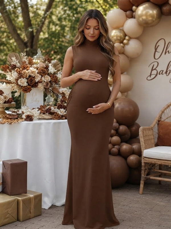 Coffle Elegantd Maternity Maxi Dress with Ruched Detail and Backless Style and Flattering Silhouette, Baby Shower