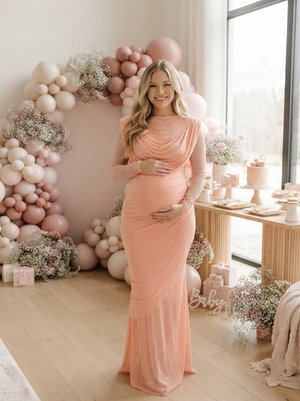 Momyknows Swing Collar Ruched Bodycon Maternity Baby Shower Maxi Dress - Pink - 7