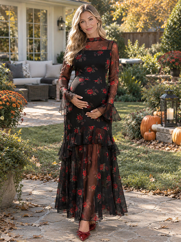 Red Print Maternity Maxi Dress with Ruffle Detail and Sheer Flare Sleeves and Flattering Silhouette, Photoshoot