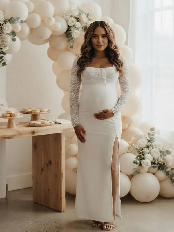 Momyknows White Lace Side Slit Spliced Lace Up Maternity Baby Shower Maxi Dress - White - 1