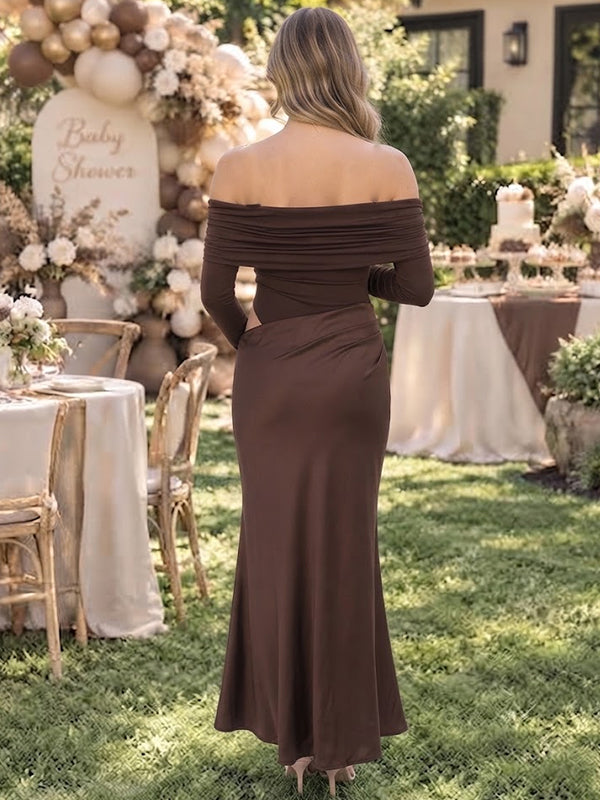 Brown Maternity Maxi Dress with Off Shoulder Style and Spliced Design