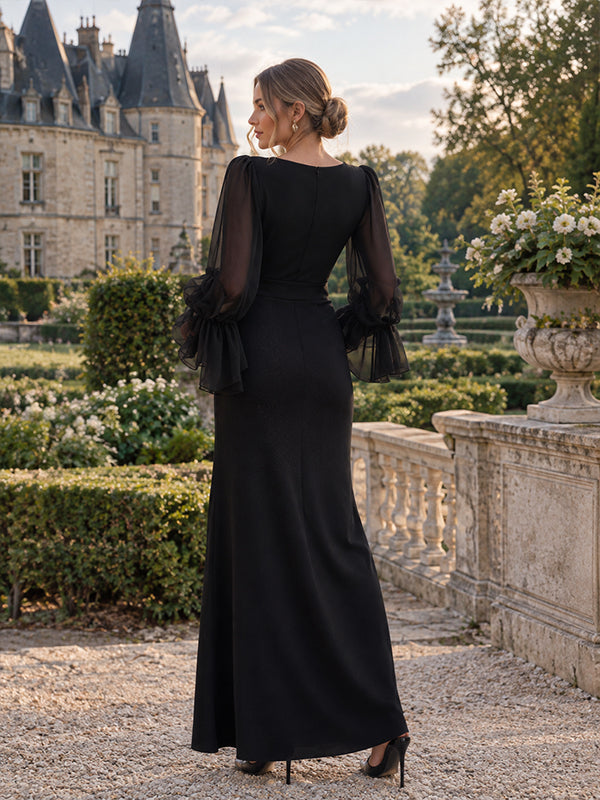 Black Maternity Maxi Dress with Ruffle Design and Side Slit Style