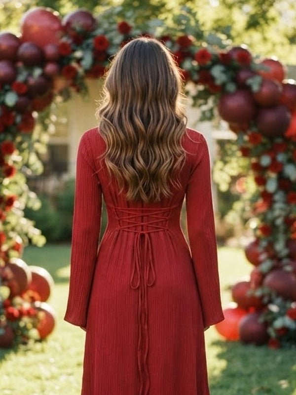 Momyknows Square Neck Lace Up Bodycon Maternity Baby Shower Midi Dress - Red - 3