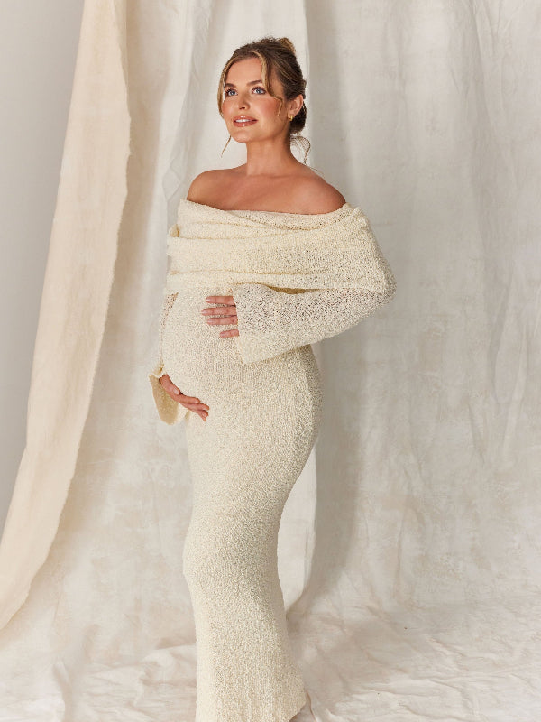 Momyknows Solid Color Off Shoulder Hollow Out Knitwear Bodycon Beach Vacation Dress Baby Shower Maternity Maxi Dress Beige / L Momyknows Solid Color Off Shoulder Hollow Out Knitwear Bodycon Beach Vacation Dress Baby Shower Maternity Maxi Dress Beige / L