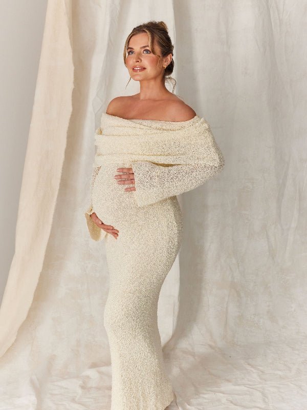 Momyknows Solid Color Off Shoulder Hollow Out Knitwear Bodycon Beach Vacation Dress Baby Shower Maternity Maxi Dress, Beige / L