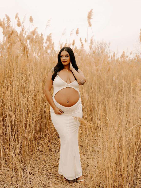 Momyknows White Spaghetti Strap Backless Ruffle Crop Bodycon Cocktail Party Gown Photoshoot Maternity Maxi Dress Momyknows White Spaghetti Strap Backless Ruffle Crop Bodycon Cocktail Party Gown Photoshoot Maternity Maxi Dress