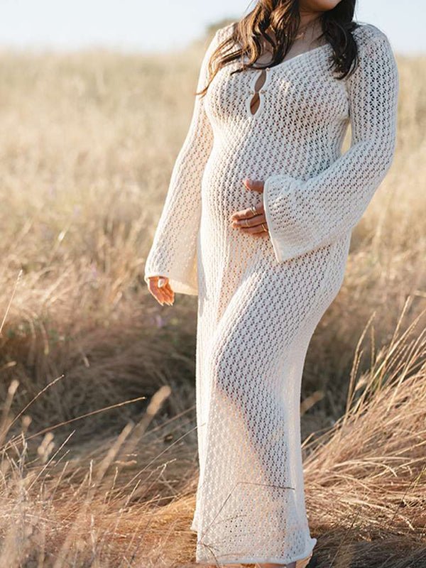 Momyknows White Cut Out Backless Flare Sleeve Beach Cover Up Photoshoot Western Maternity Maxi Dress, White / XL