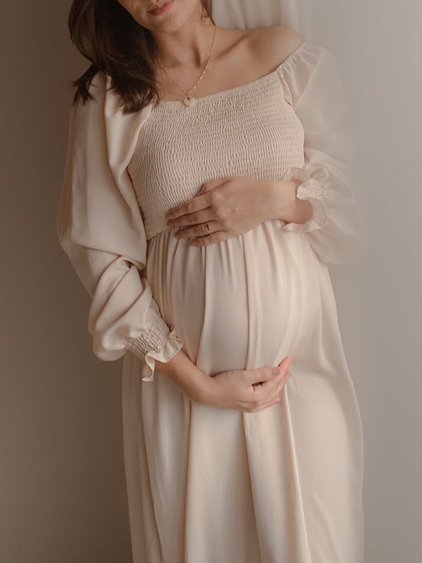 Momyknows Ruffle High Waist Falbala Long Sleeve Plus Size Baby Shower Maternity Midi Dress Apricot / L Momyknows Ruffle High Waist Falbala Long Sleeve Plus Size Baby Shower Maternity Midi Dress Apricot / L