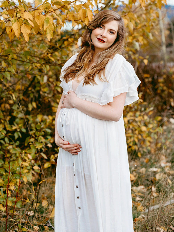 Momyknows White Deep V Neck Button Down Boho Beach Bikini Cover Up Dress Party Photoshoot Maternity Dress