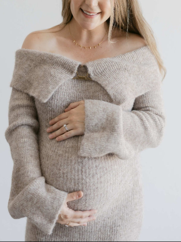 long sleeve maternity sweater dress Momnfancy Off Shoulder Fluffy Knit Bardot Neckline Flare Sleeve Bodycon Elegant Going Out Party Maternity Photoshoot Baby Shower Maxi Sweater Dress