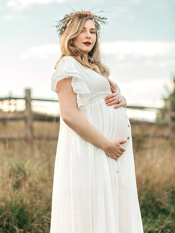 Momyknows White Deep V Neck Button Down Boho Beach Bikini Cover Up Dress Party Photoshoot Maternity Dress