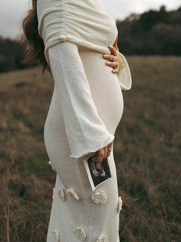 Momyknows White Off Shoulder 3D Flowers Knitting Sweater Photoshoot Maternity Maxi Dress White / XL Momyknows White Off Shoulder 3D Flowers Knitting Sweater Photoshoot Maternity Maxi Dress White / XL