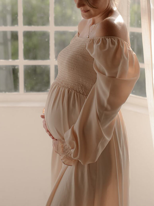 Momyknows Ruffle High Waist Falbala Long Sleeve Plus Size Baby Shower Maternity Midi Dress Apricot / L Momyknows Ruffle High Waist Falbala Long Sleeve Plus Size Baby Shower Maternity Midi Dress Apricot / L