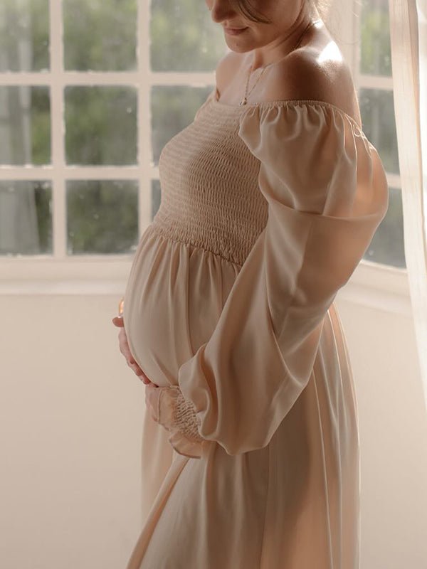Momyknows Ruffle High Waist Falbala Long Sleeve Plus Size Baby Shower Maternity Midi Dress, Apricot / L