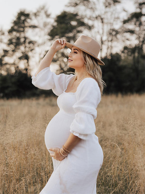 White Ruched Maternity Maxi Dress with Ruffle and Puff Sleeve Details